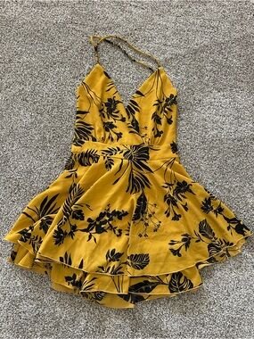 Floral Halter Skater Dress in Mustard Yellow